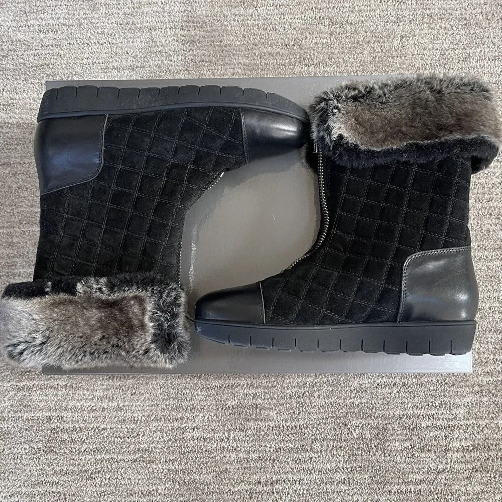 Aquatalia Wanda Snow Winter Boots Womens Size 8 Black Quilted Suede Zip Faux Fur
